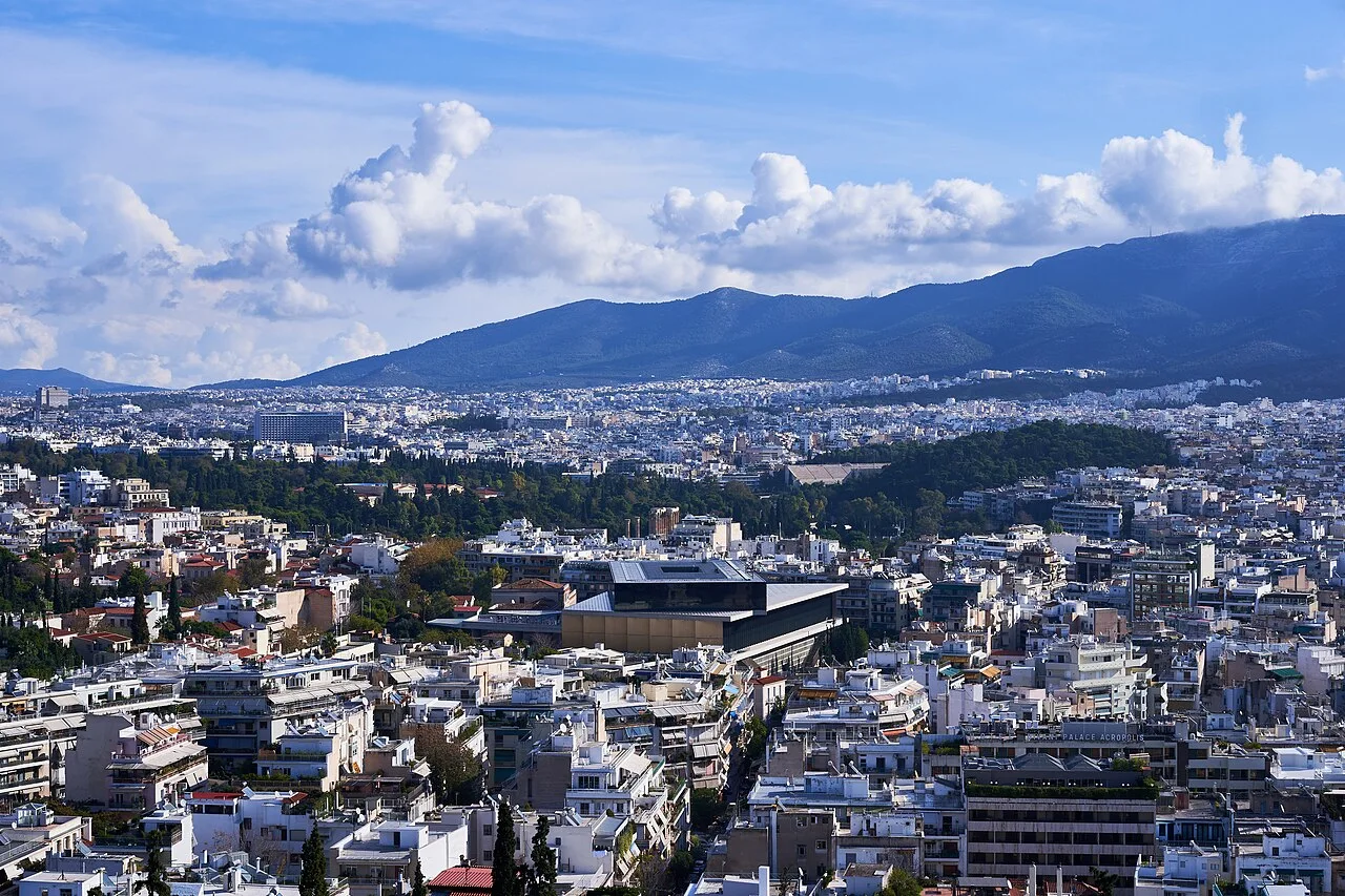 Acropolis Museum within an Athens panorama from Philopappos Hill
