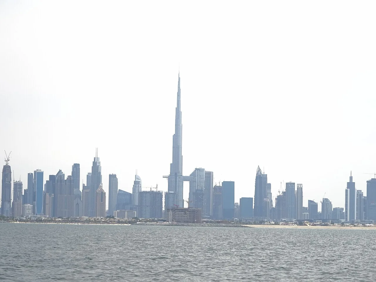 Burj Khalifa in the Dubai skyline seen from the sea