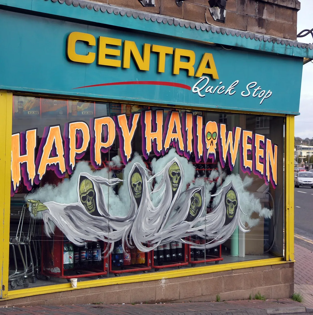 Halloween decorations on a shop in Derry, photographed in 2005